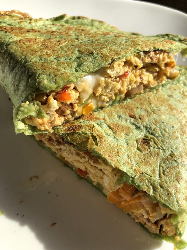 High protein breakfast quesadilla with spinach tortilla.